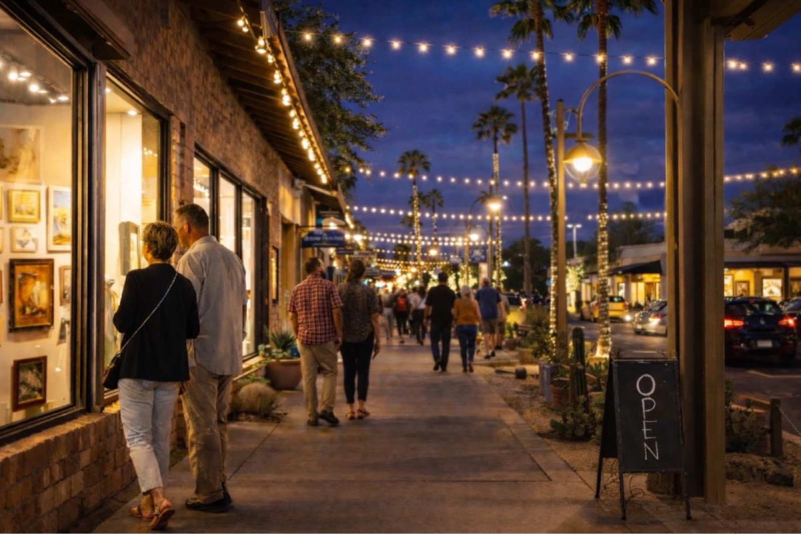 Old Town Scottsdale galleries lit after sunset